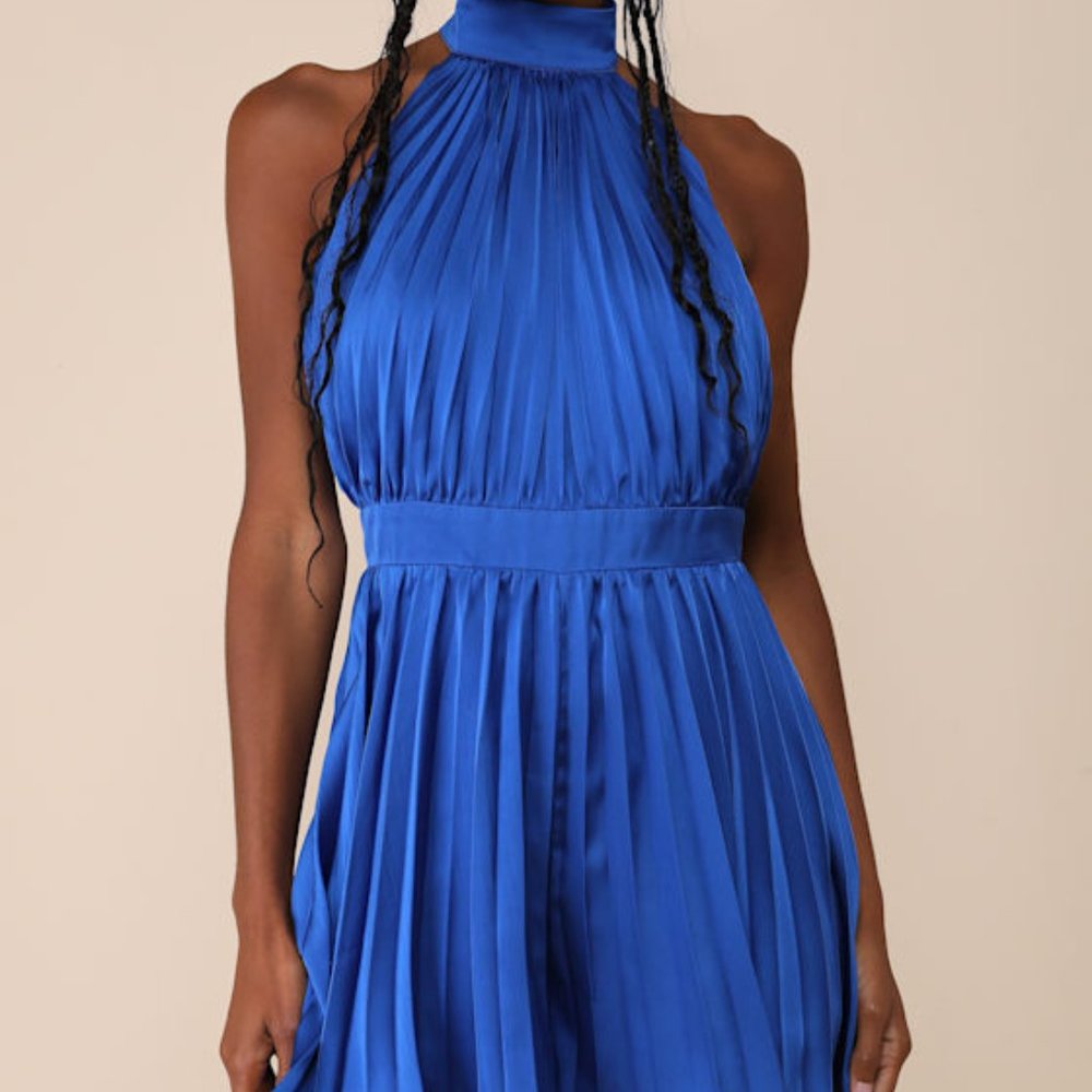 Lulus Seriously Stunning Royal Blue Satin Pleated Backless Romper - Size M